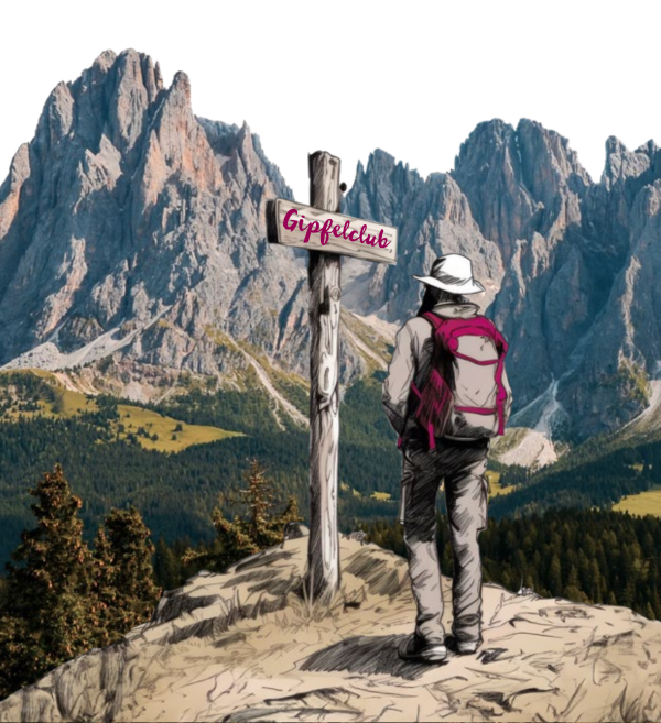 Ein Wanderer steht vor den Südtiroler Berge und vor ihm steht ein Schild mit "Gipfelclub" darauf - Hotel Wieser