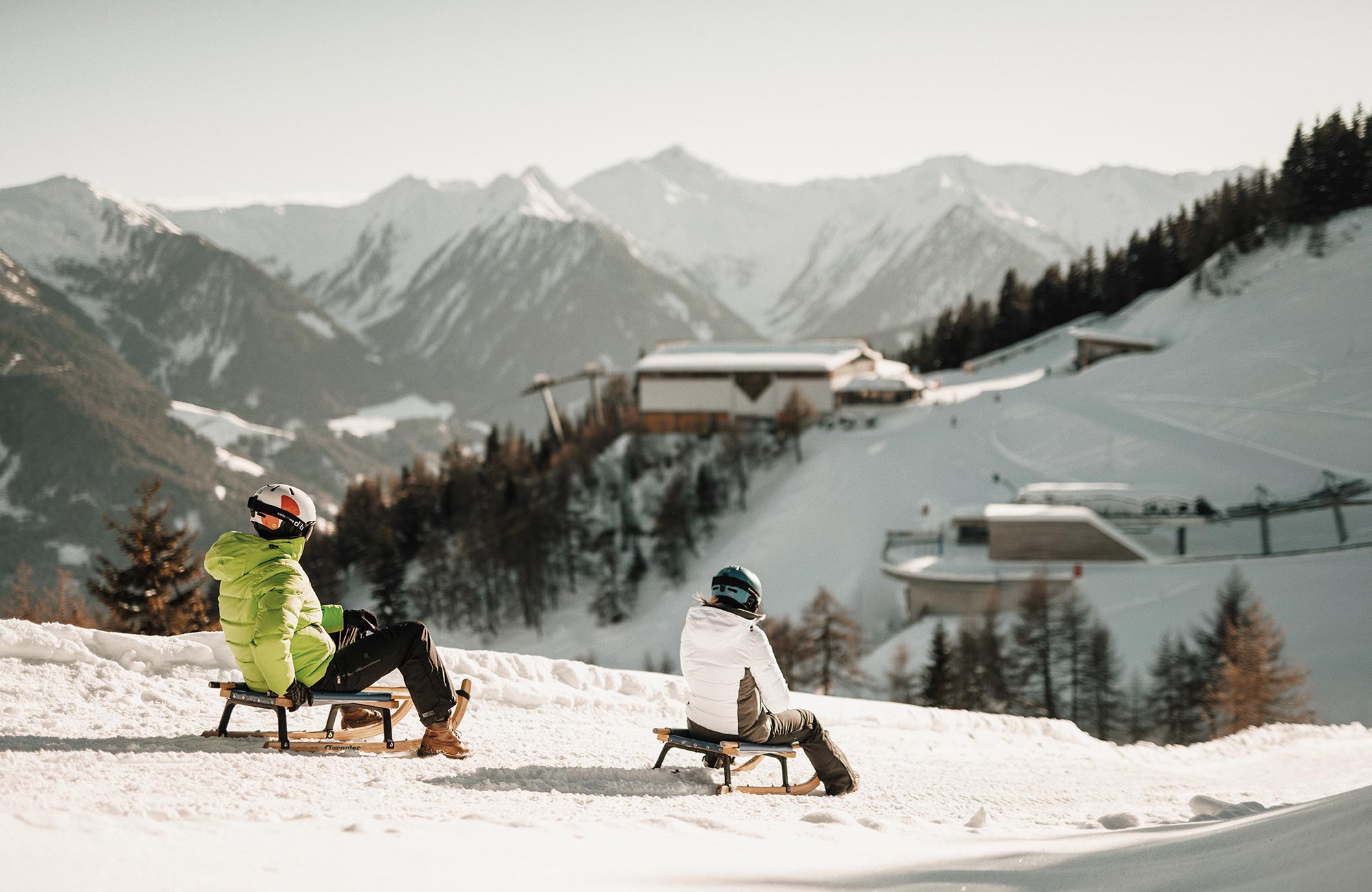 Two tobogganists on the toboggan run - Hotel Wieser
